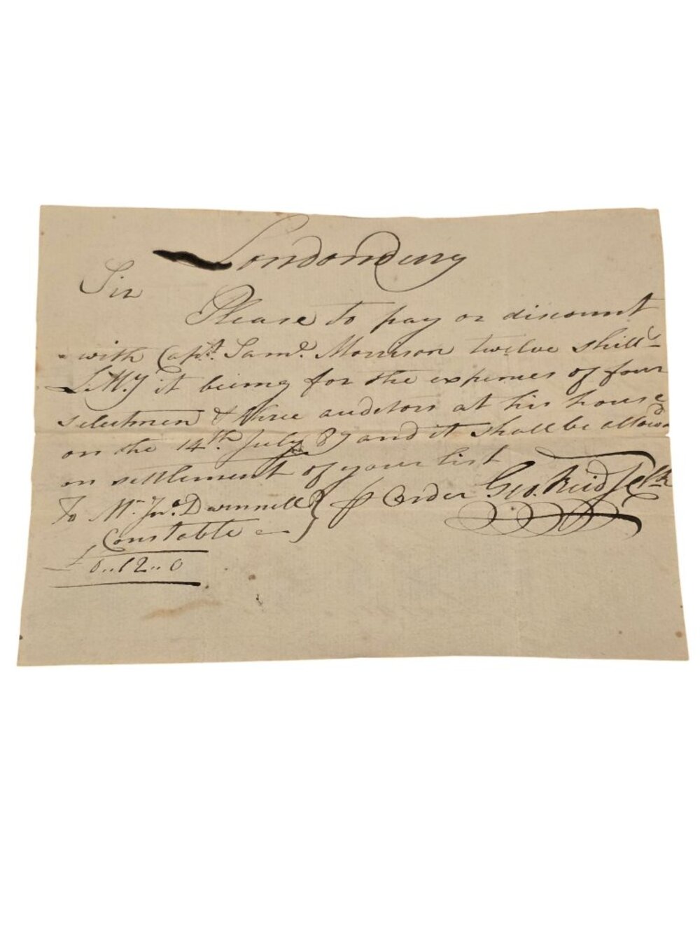 Signed 1787 Londonderry NH Municipal Pay Order Manuscript Capt. Samuel Markham